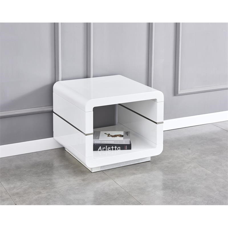 Contemporary Wood End Table with Glossy White Lacquer Finish