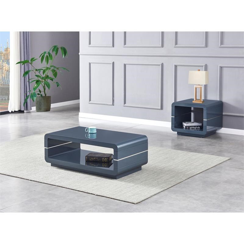 Contemporary 2pc Wood Coffee Table Set in Glossy Gray Lacquer