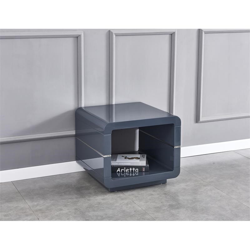 Contemporary Wood End Table with Glossy Gray Lacquer Finish
