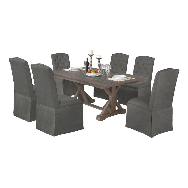 Rustic Gray Wood 7pc Dining Set with 6 Skirt Chairs in Gray Linen Fabric