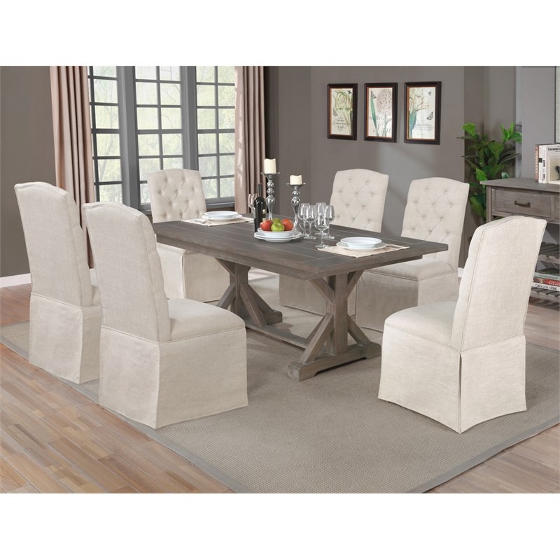 Rustic Gray Wood 7pc Dining Set with 6 Skirt Chairs in Beige Linen Fabric