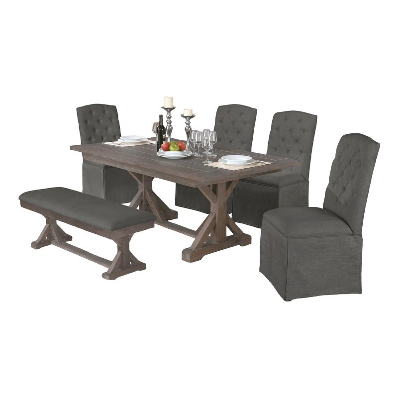 Rustic Gray Wood 7pc Dining Set with Gray Skirt Chairs and Bench
