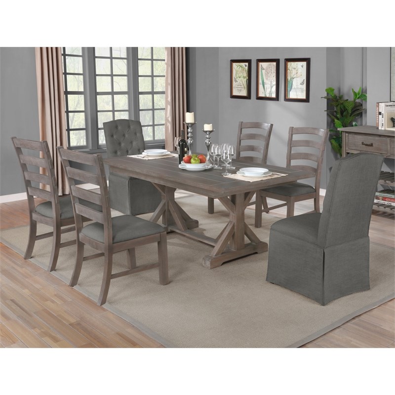 Rustic Gray Wood 7pc Dining Set with Gray Side Chairs and Skirt Chairs