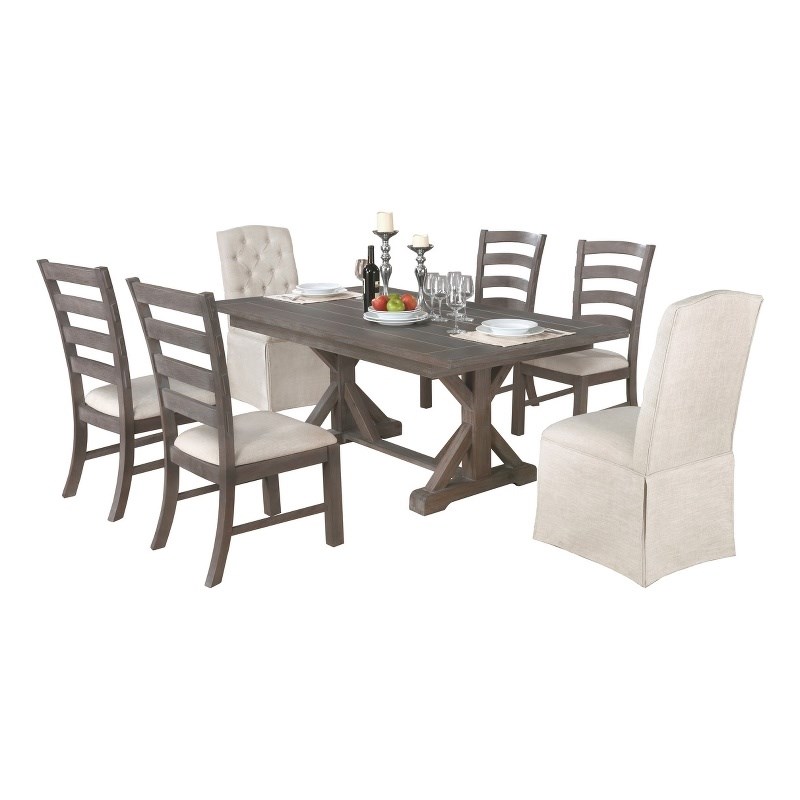 Rustic Gray Wood 7pc Dining Set with Beige Side Chairs and Skirt Chairs