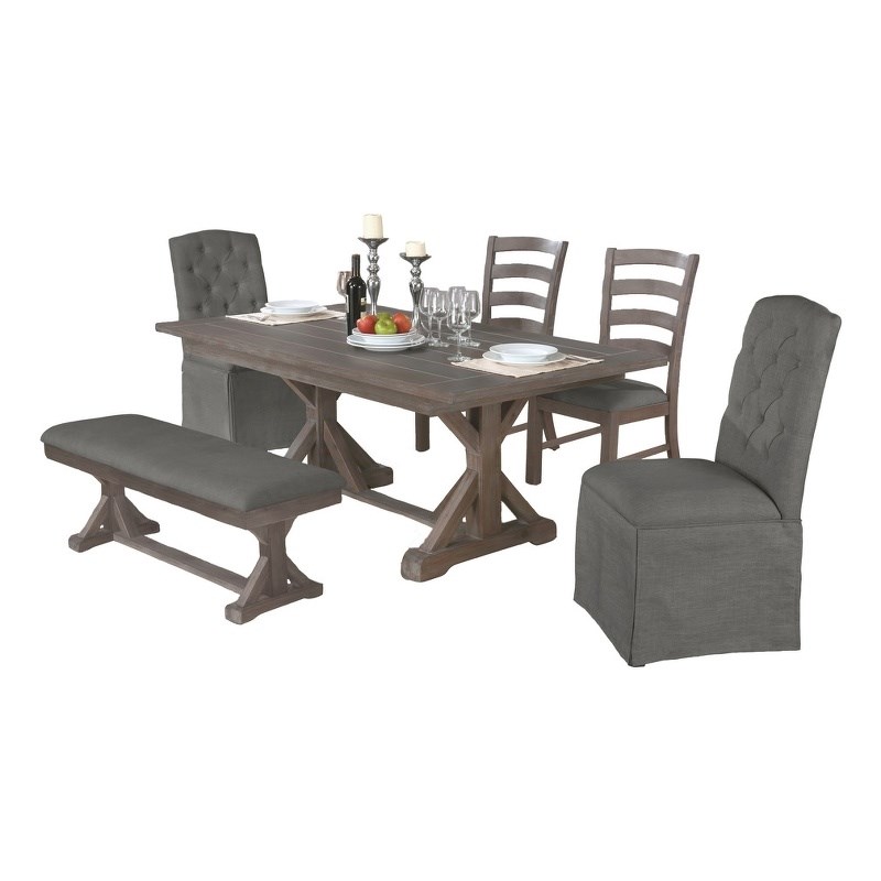 Rustic Gray Wood 7pc Dining Set with Gray Side Chairs + Skirt Chairs + Bench