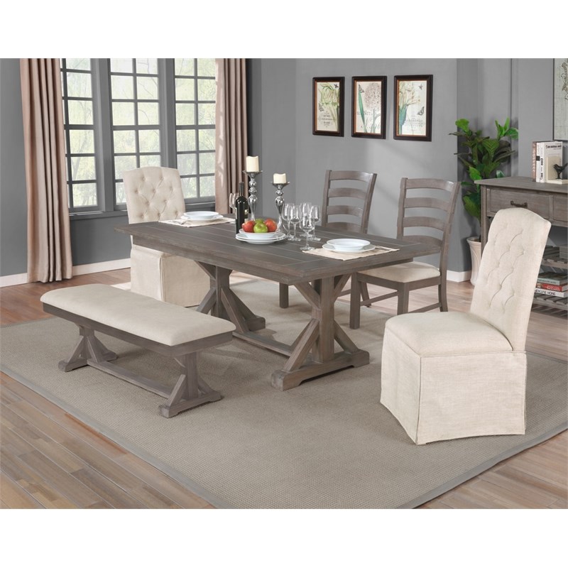 Rustic Gray Wood 7pc Dining Set with Beige Side Chairs + Skirt Chairs + Bench