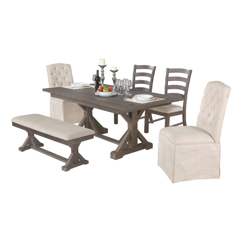 Rustic Gray Wood 7pc Dining Set with Beige Side Chairs + Skirt Chairs + Bench