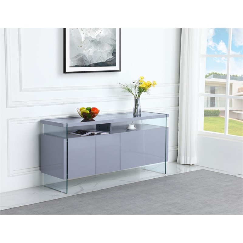 Glossy Light Gray 4 Door Server with Internal Storage and Glass Legs