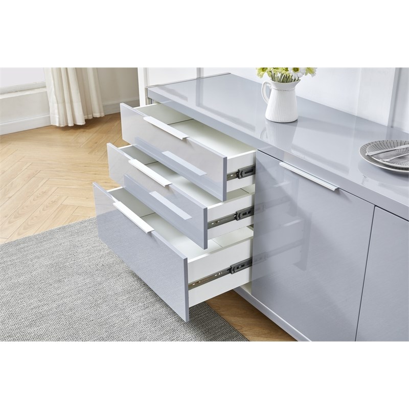 Glossy Light Gray Storage Cabinet with 5 Compartments and Stainless Steel