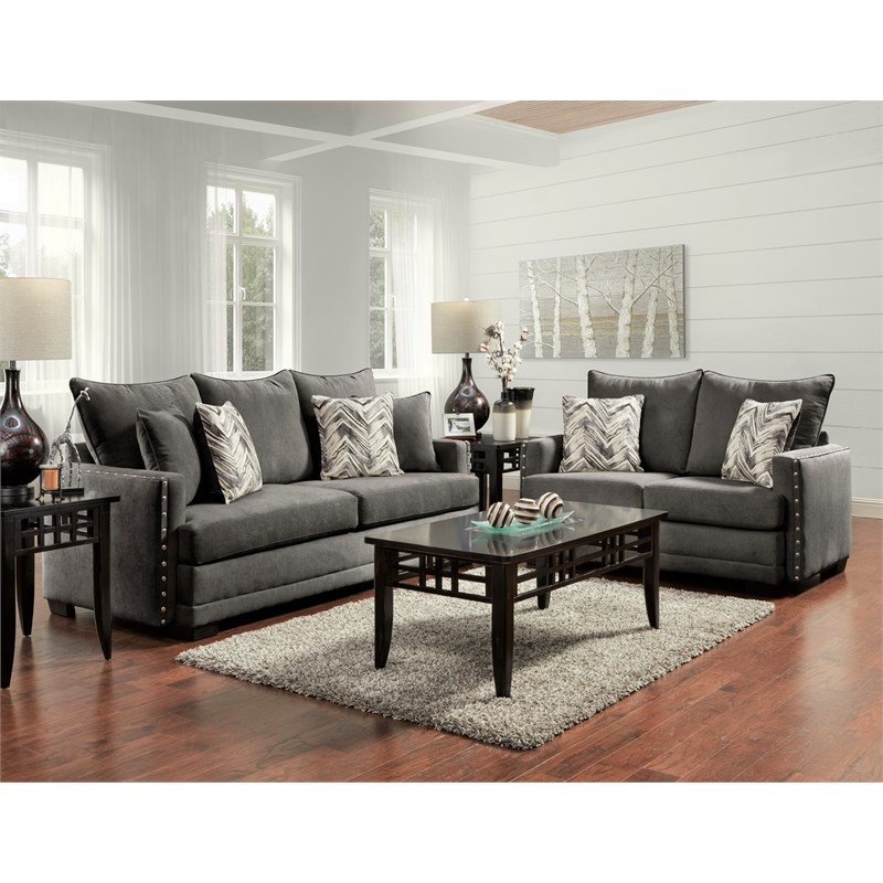 Austin Loveseat With Nailheads and Accent Pillows in Charcoal