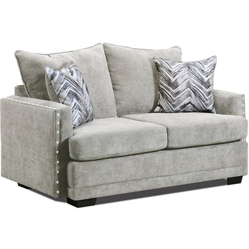 Austin Loveseat With Nailheads with Accent Pillows in Silver