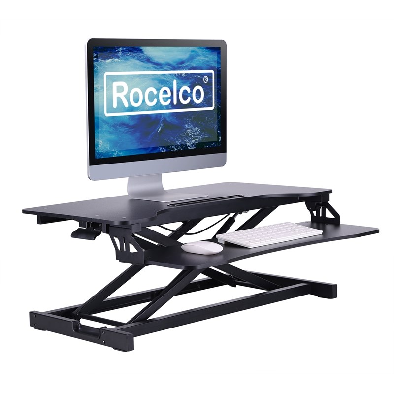 Rocelco Standing Desk Converter 31.5 in Dual Monitor Riser w/Tablet Mount Black