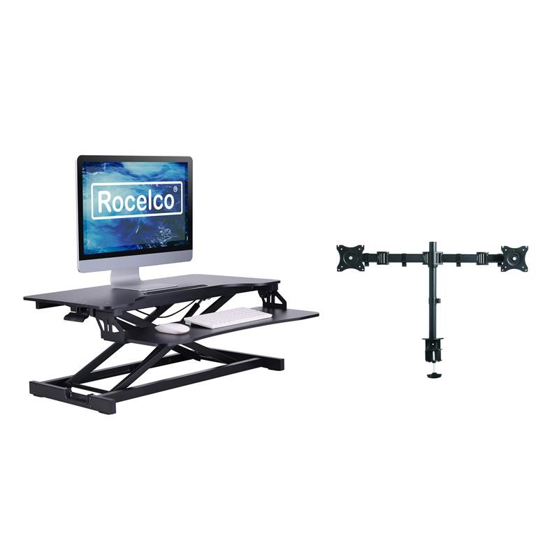 Rocelco Standing Desk Converter w/Dual Monitor Arm 31.5 in w/Tablet Holder Black