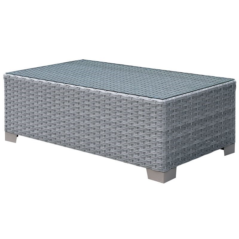 Afuera Living  Glass Top Rattan Wicker Outdoor Patio Coffee Table in Gray