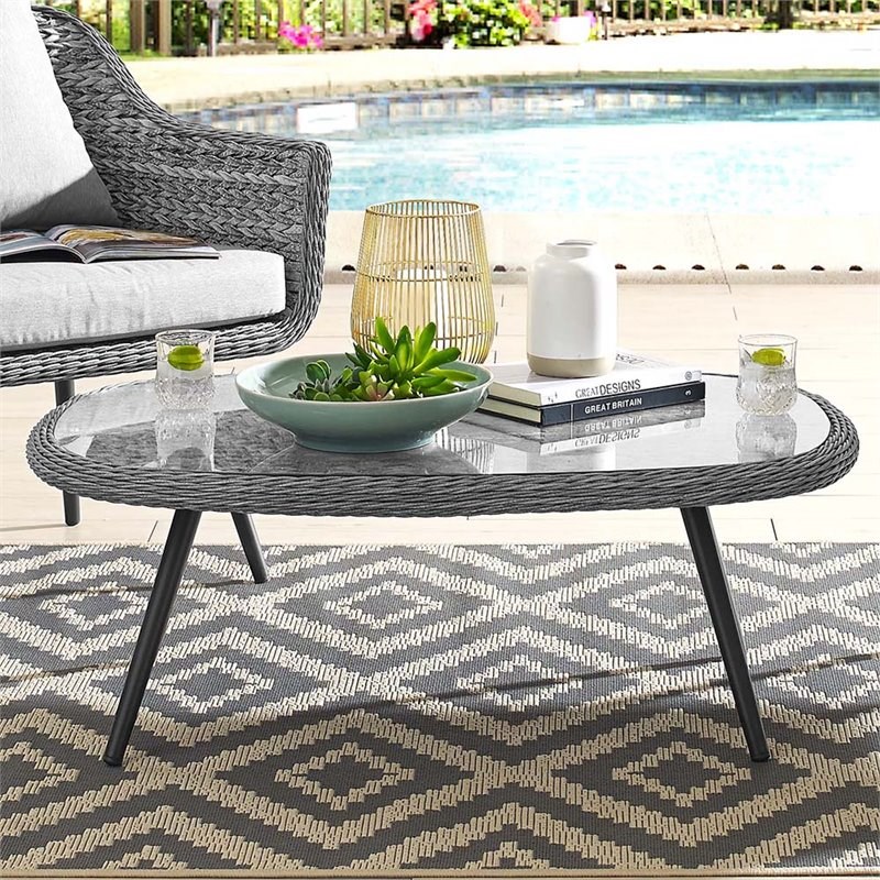 Afuera Living Glass Top Patio Coffee Table in Gray and Black
