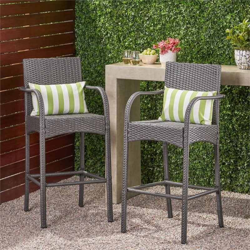 Afuera Living Contemporary Outdoor Wicker Barstool Chair in Gray (Set of 2)