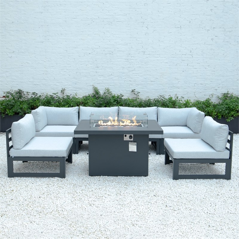 Afuera Living 7-Piece Sectional And Fire Pit Table With Cushions in Gray
