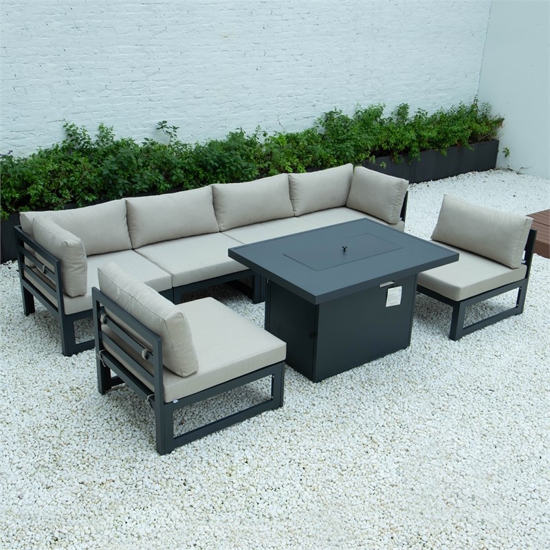 Afuera Living 7-Piece Sectional And Fire Pit Table With Cushions in Beige