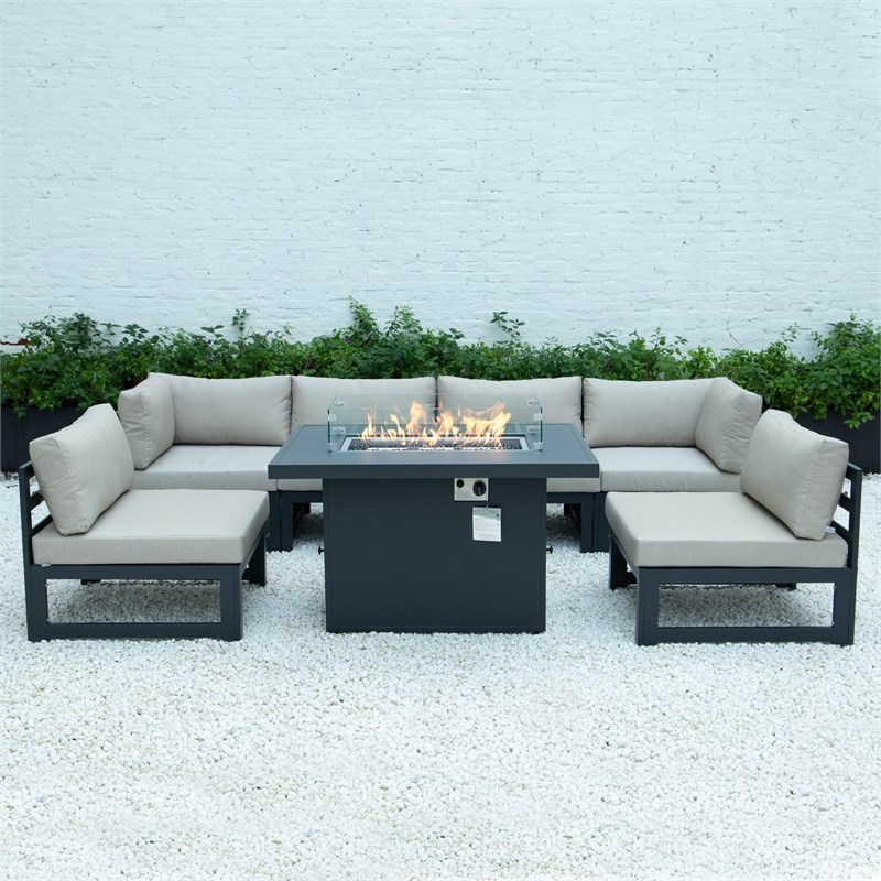 Afuera Living 7-Piece Sectional And Fire Pit Table With Cushions in Beige