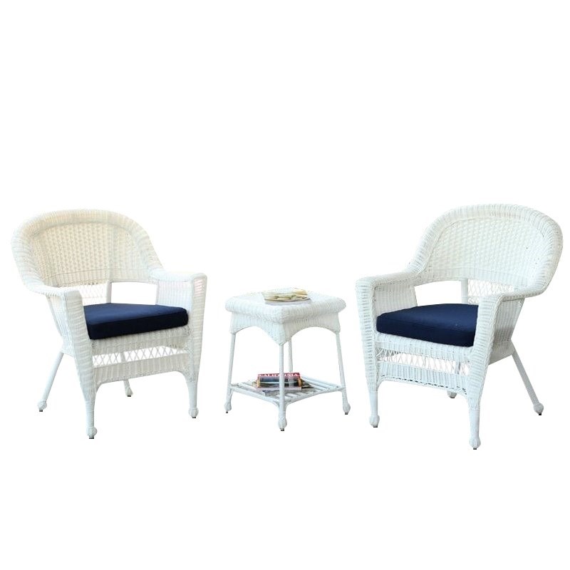 Afuera Living 3 Piece Wicker Outdoor Garden Set in White with Blue Cushions