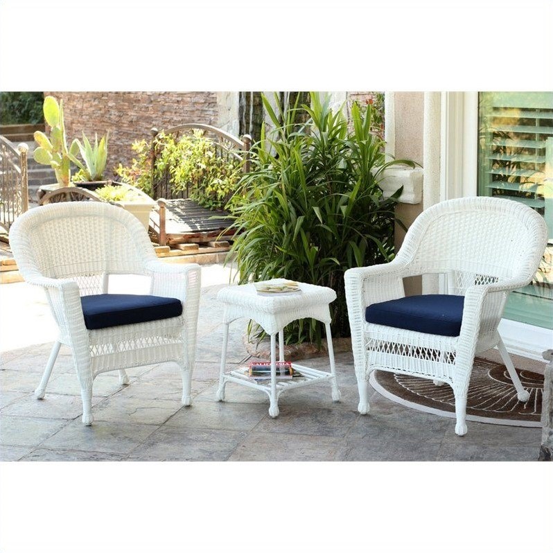 Afuera Living 3 Piece Wicker Outdoor Garden Set in White with Blue Cushions