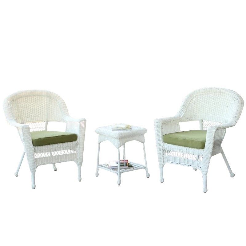 Afuera Living 3 Piece Wicker Outdoor Garden Set in White with Green Cushions