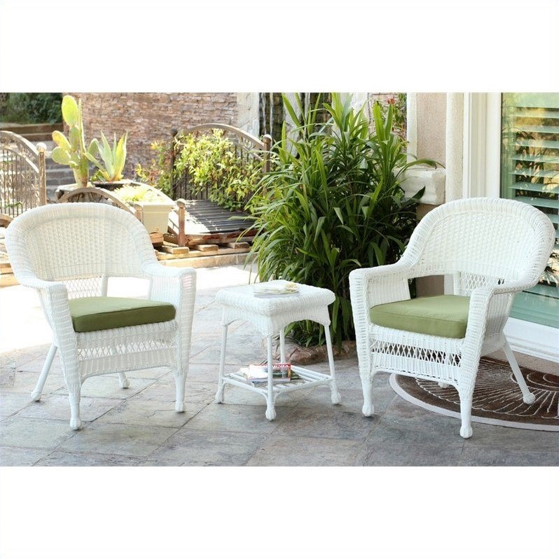 Afuera Living 3 Piece Wicker Outdoor Garden Set in White with Green Cushions