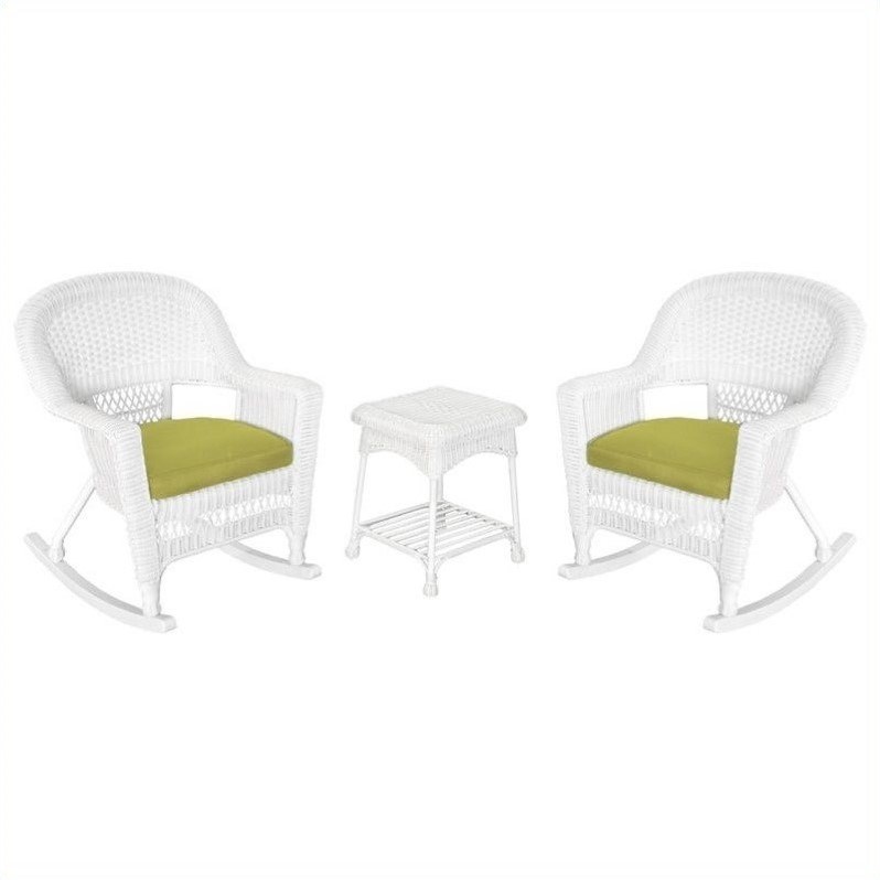 Afuera Living 3pc Rocker Wicker Chair Set in White with Green Cushion