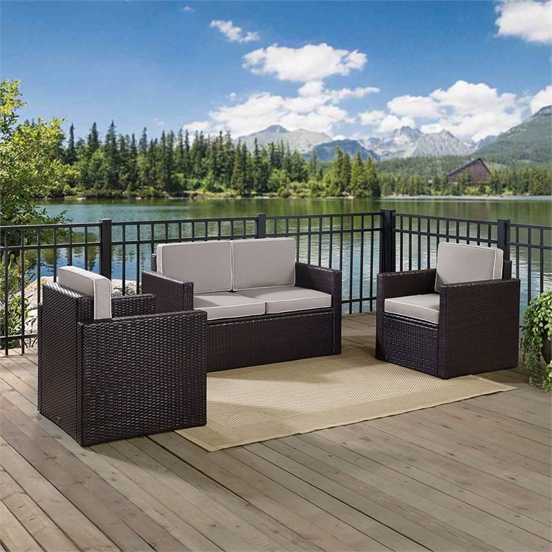 Afuera Living Transitional 3 Piece Wicker Patio Sofa Set in Brown and Gray