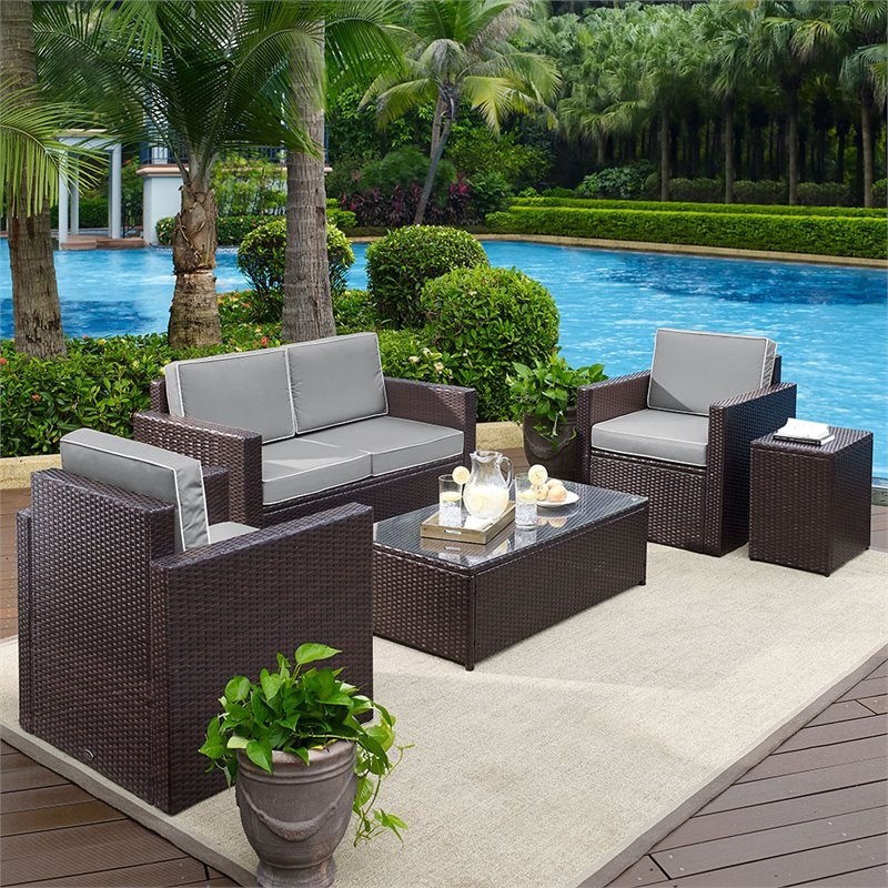 Afuera Living Transitional 5 Piece Wicker Patio Sofa Set in Brown and Gray