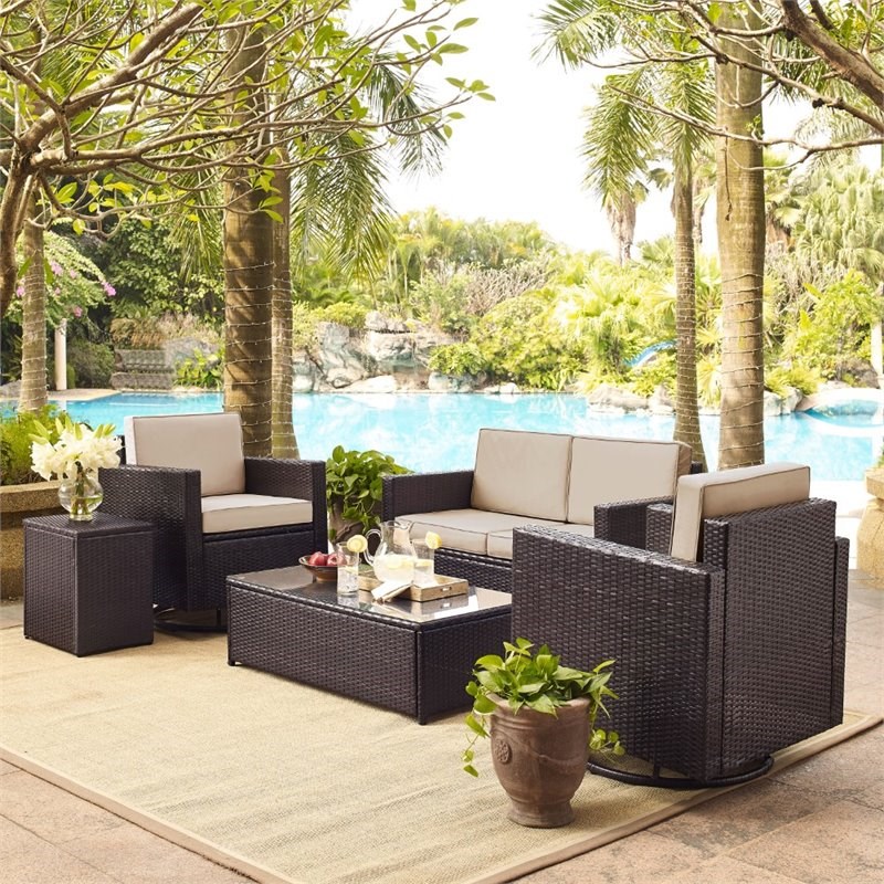 Afuera Living Transitional 5 Piece Wicker Patio Sofa Set in Brown and Sand