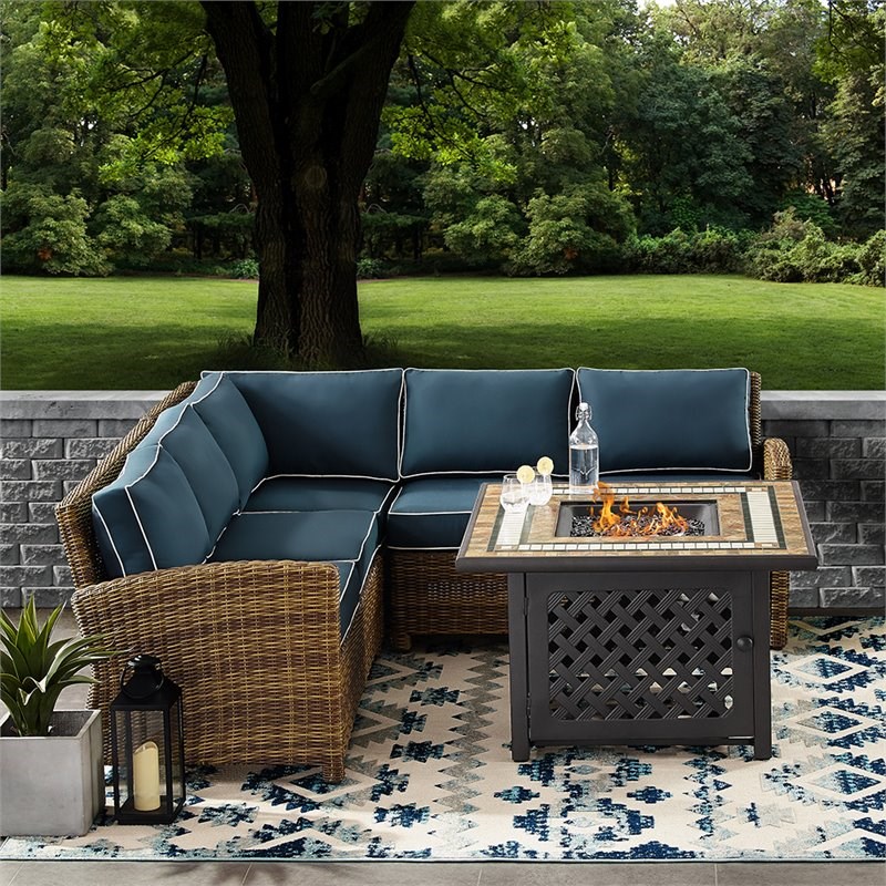 Afuera Living Modern 4 Piece Patio Fire Pit Sectional Set in Brown and Navy