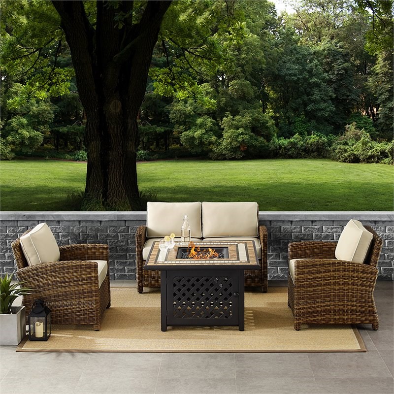 Afuera Living Transitional 4 Piece Patio Fire Pit Sofa Set in Brown and Sand