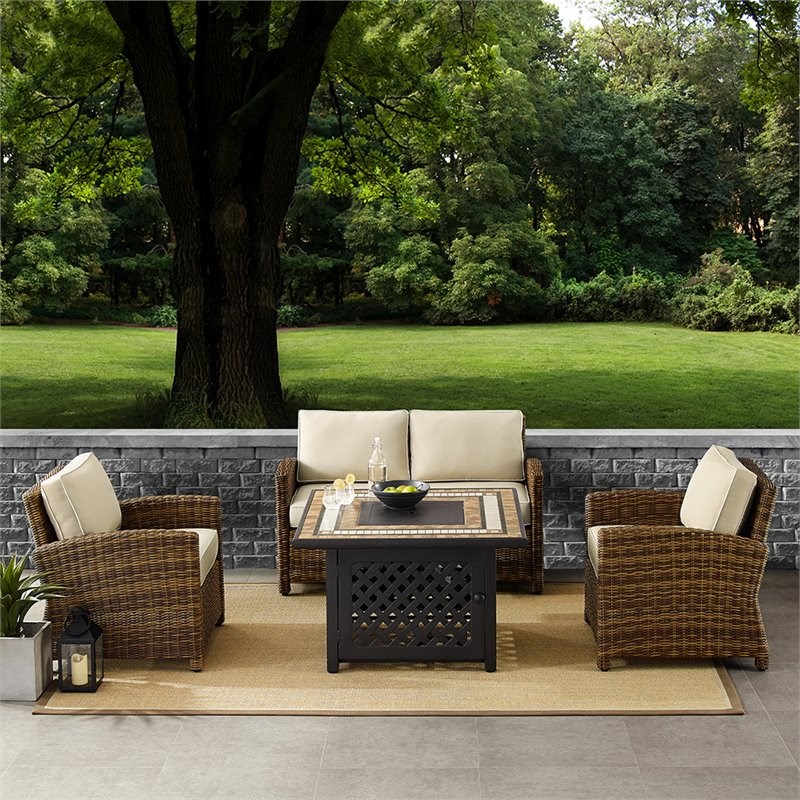 Afuera Living Transitional 4 Piece Patio Fire Pit Sofa Set in Brown and Sand