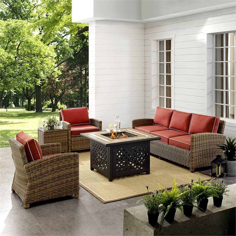 Afuera Living Transitional 5 Piece Patio Fire Pit Sofa Set in Brown and Sangria