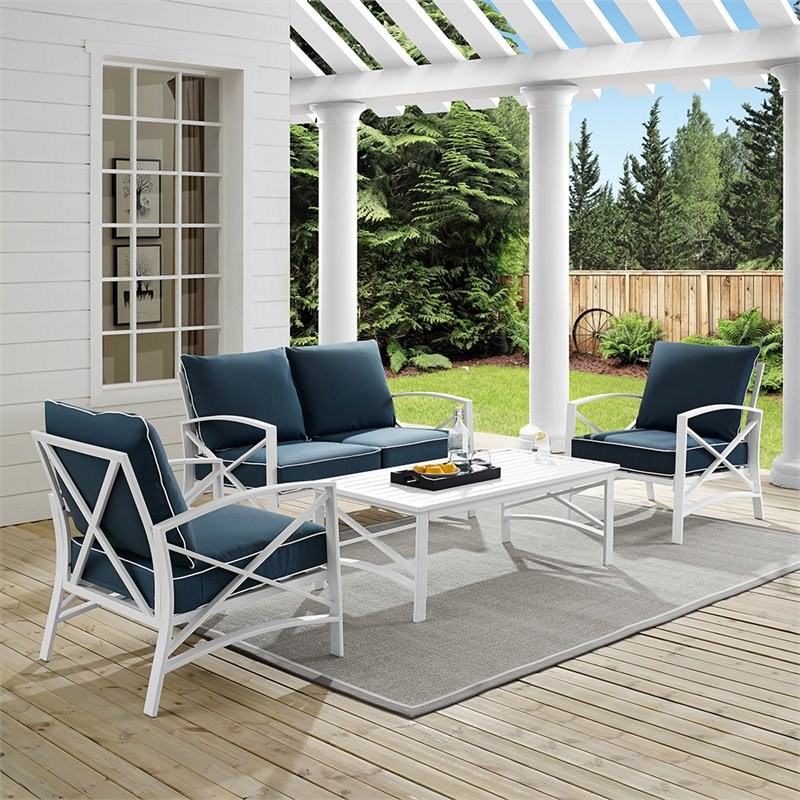 Afuera Living Transitional 4 Piece Patio Sofa Set in Navy and White