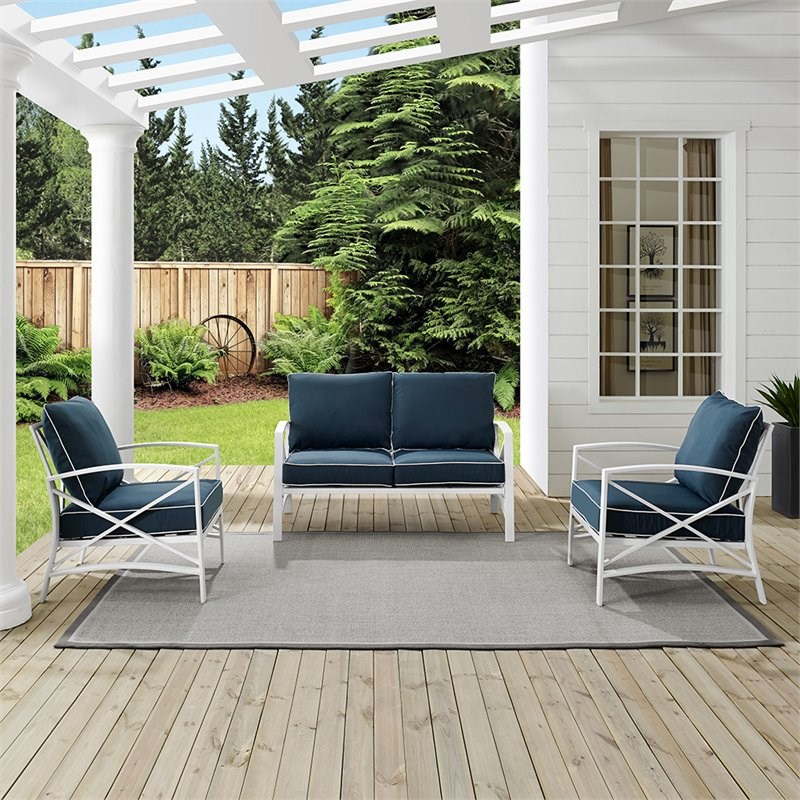 Afuera Living Transitional 3 Piece Patio Sofa Set in Navy and White
