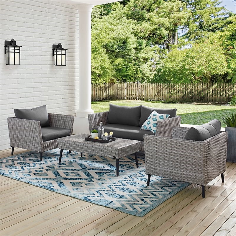 Afuera Living Transitional 4 Piece Wicker Patio Sofa Set in Gray