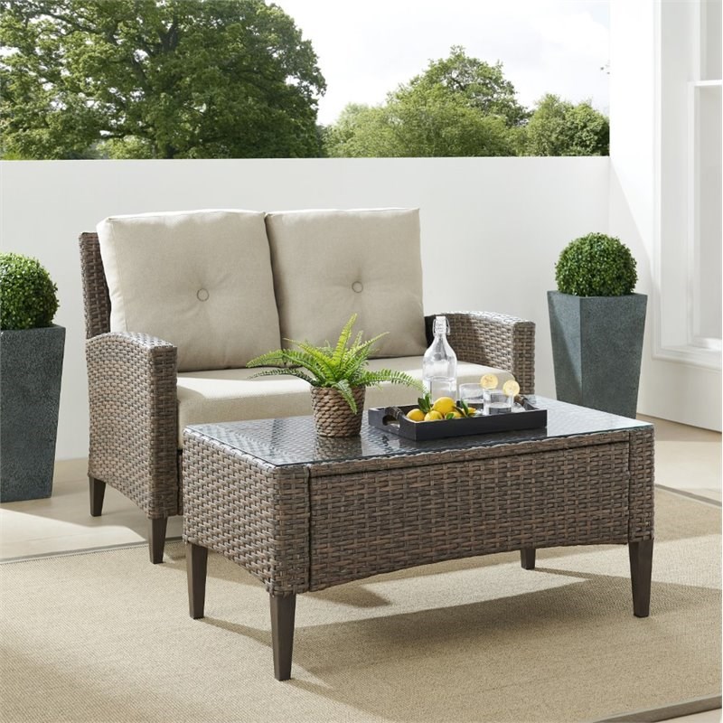 Afuera Living Transitional 2 Piece Outdoor Wicker Conversation Set in Oatmeal