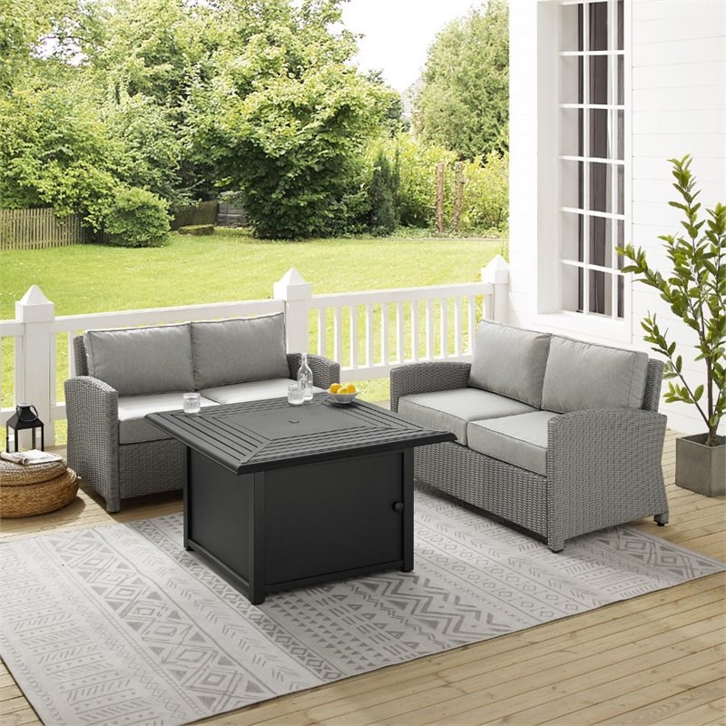 Afuera Living Transitional 3 Piece Wicker Loveseat Set with Fire Table in Gray