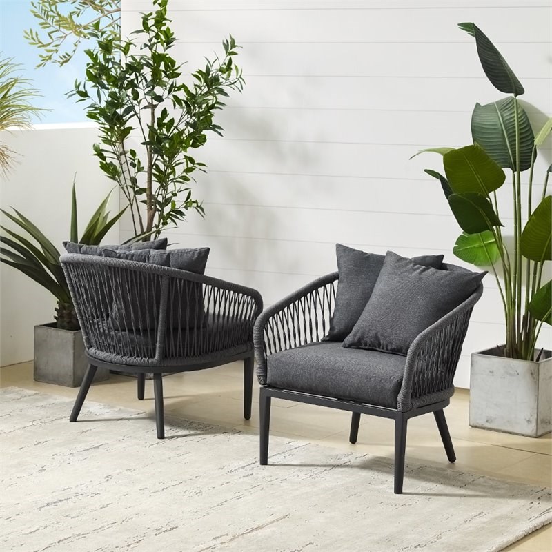 Afuera Living Modern Patio Rope Armchair in Charcoal and Black (Set of 2)