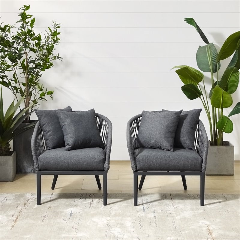 Afuera Living Modern Patio Rope Armchair in Charcoal and Black (Set of 2)