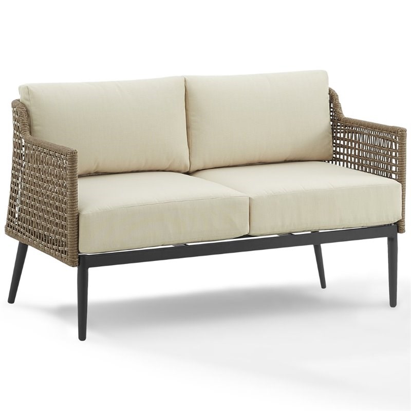 Afuera Living Coastal 2 Piece Wicker Patio Loveseat Set in Creme and Brown