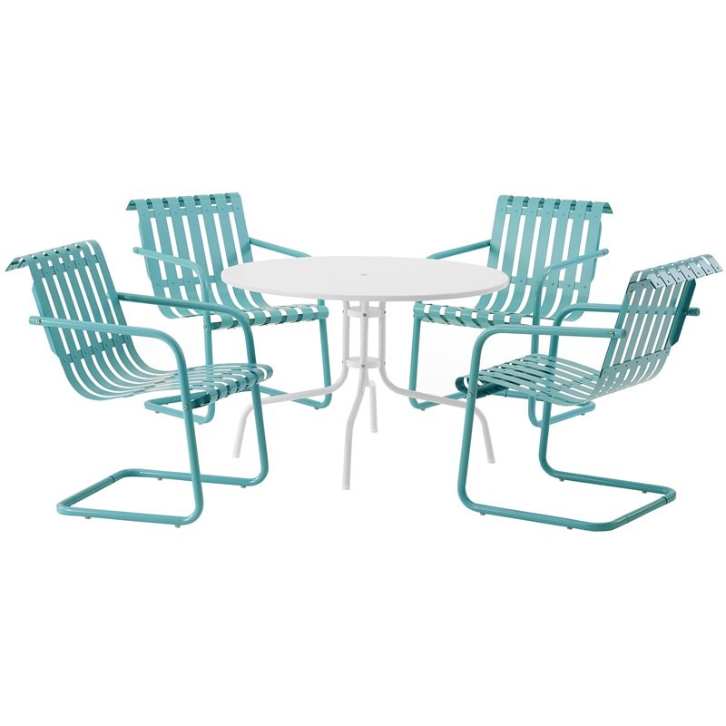 Afuera Living Modern 5 Piece Retro Metal Patio Dining Set in Blue and White