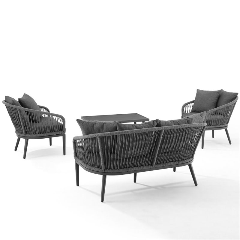 Afuera Living Modern 4 Piece Rattan Patio Sofa Set in Charcoal and Black