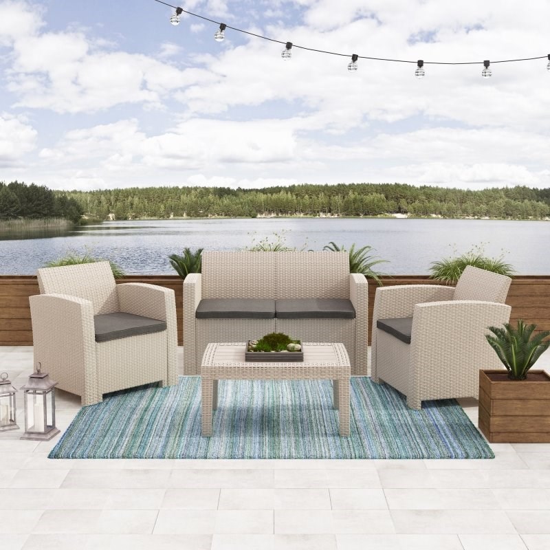 Afuera Living 4 Piece All-Weather Beige Wicker/Rattan Set with Grey Cushions