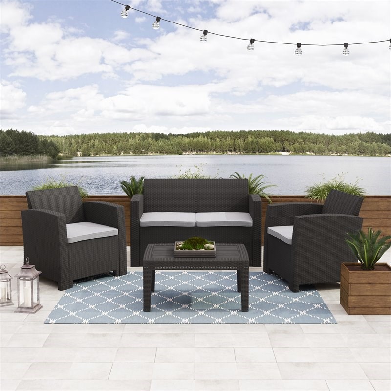 Afuera Living 4 Piece All-Weather Black Wicker/Rattan Set with Grey Cushions