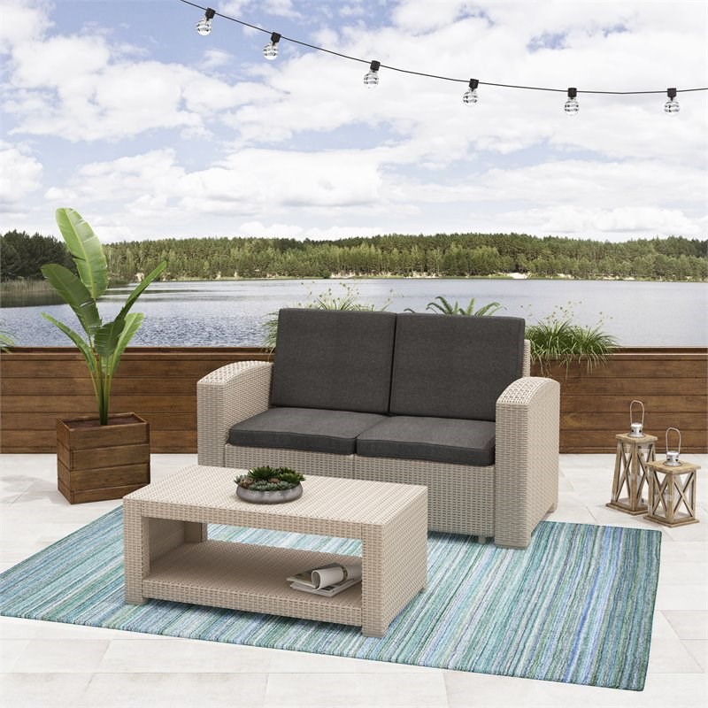 Afuera Living 2pc All-Weather Beige Wicker/Rattan Patio Set with Grey Cushions