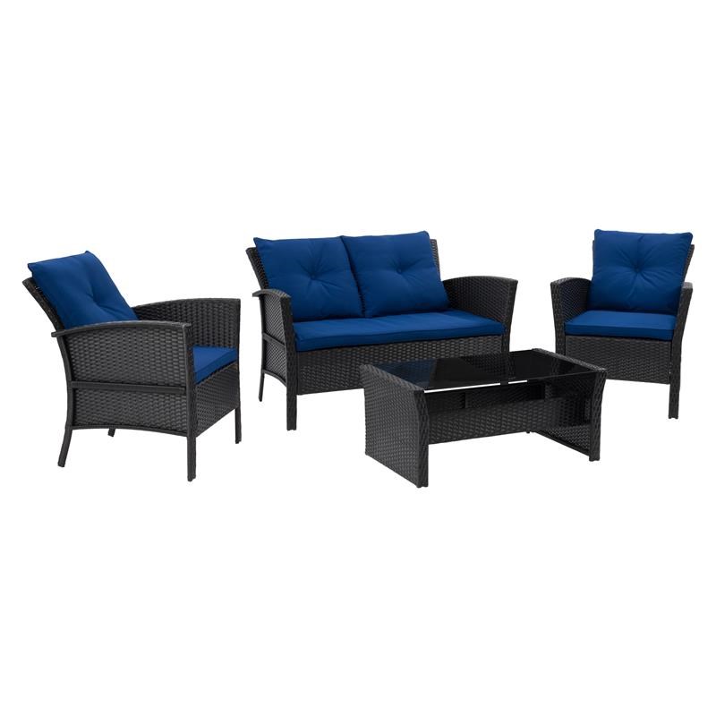 Afuera Living 4 Piece Wicker/Rattan Patio Set with Navy Blue Cushions
