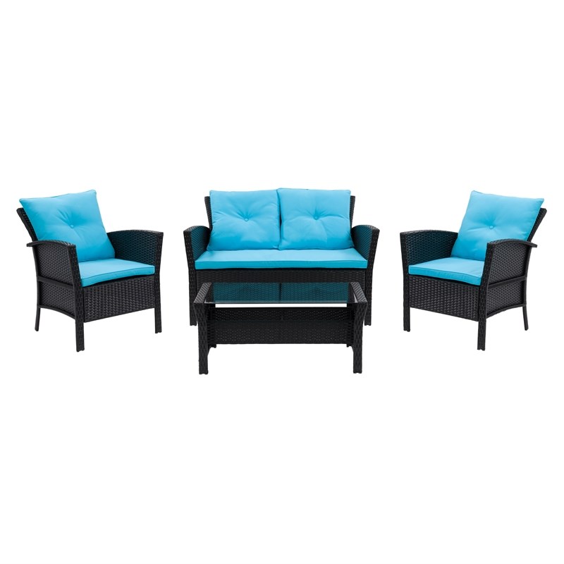 Afuera Living 4 Piece Wicker/Rattan Patio Set with Turquoise Cushions